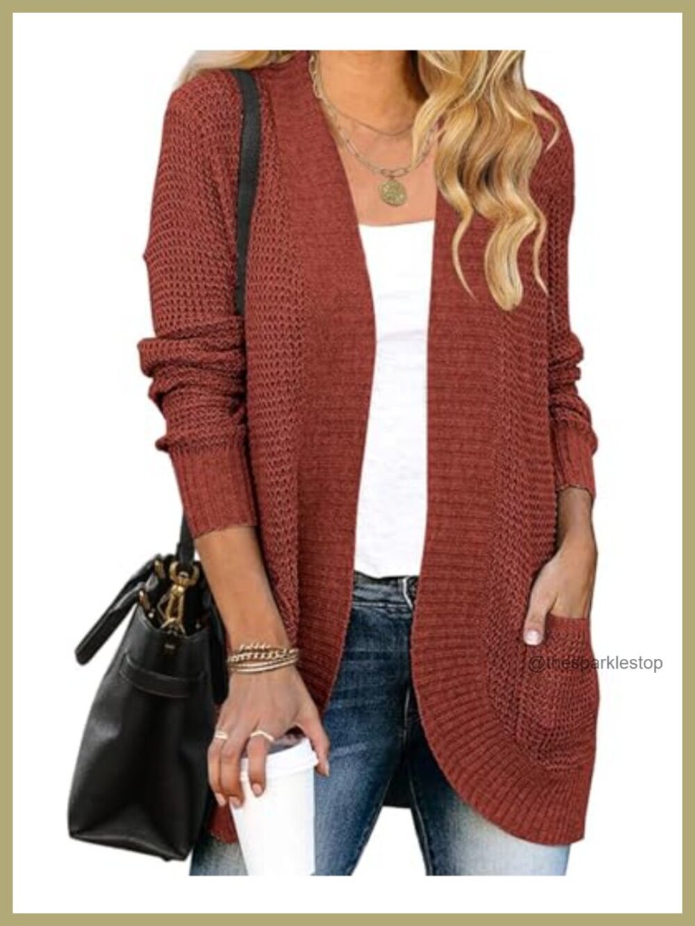 Open Front Knit Cardigan Loose Fit Long Sleeve Ribbed Trim Cocoon Sweater